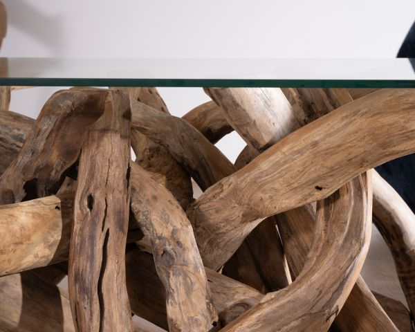 Tavolino rettangolare da 120 cm in legno di teak recuperato con piano in vetro "Kanoa"