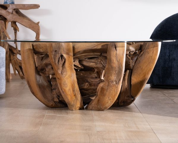Tavolino rotondo "Kanoa" da 120 cm in legno driftwood e piano in vetro