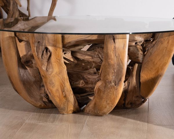 Tavolino rotondo "Kanoa" da 120 cm in legno driftwood e piano in vetro