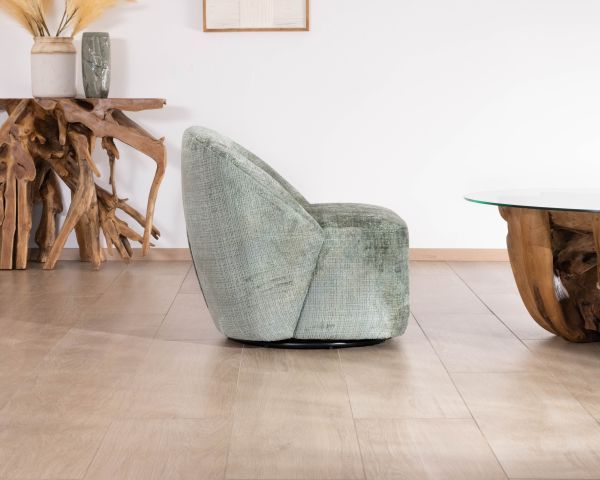 Poltrona girevole "Marylin" in tessuto bouclette setoso verde salvia