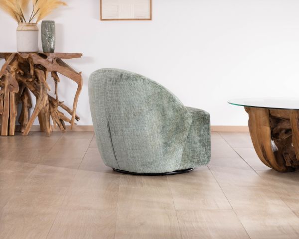 Poltrona girevole "Marylin" in tessuto bouclette setoso verde salvia