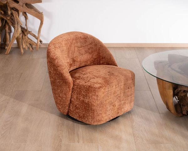 Accogliente poltrona di design in tessuto bouclette color terracotta "Marylin" con base girevole a 360 gradi