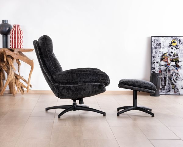 Accogliente poltrona girevole in tessuto grigio "Branson" con poggiapiedi