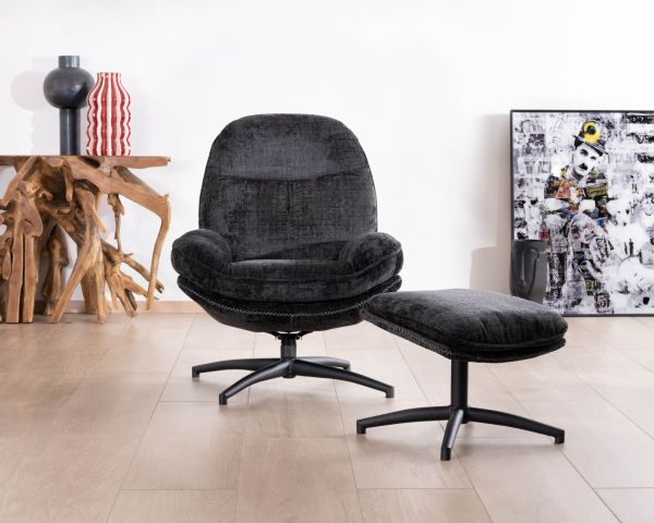 Accogliente poltrona girevole in tessuto grigio "Branson" con poggiapiedi