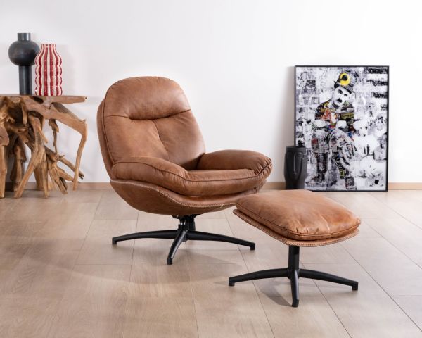 Poltrona girevole in stile retrò "Branson" con pouf in microfibra in tessuto color avana