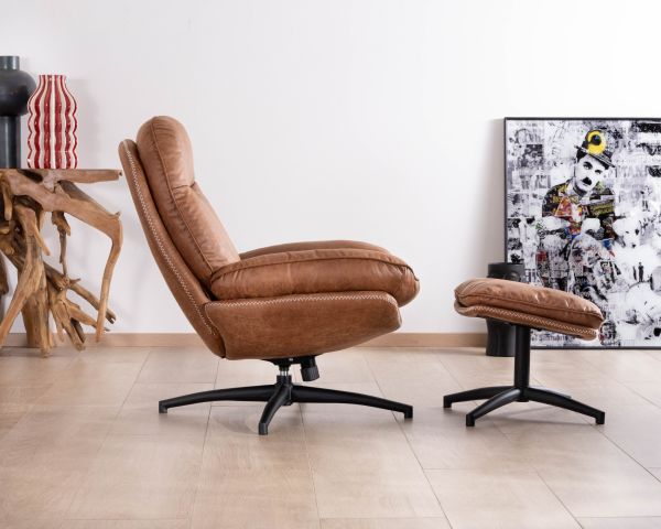 Poltrona girevole in stile retrò "Branson" con pouf in microfibra in tessuto color avana