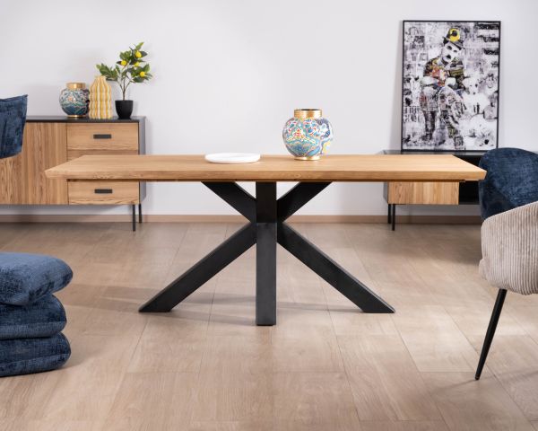 Tavolo da pranzo in frassino massiccio "Sydney" da 2 m con base a stella in metallo nero