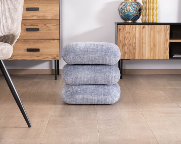 Pouf girevole in stile scandinavo in tessuto intrecciato blu ghiaccio con riflessi luminosi, Flow