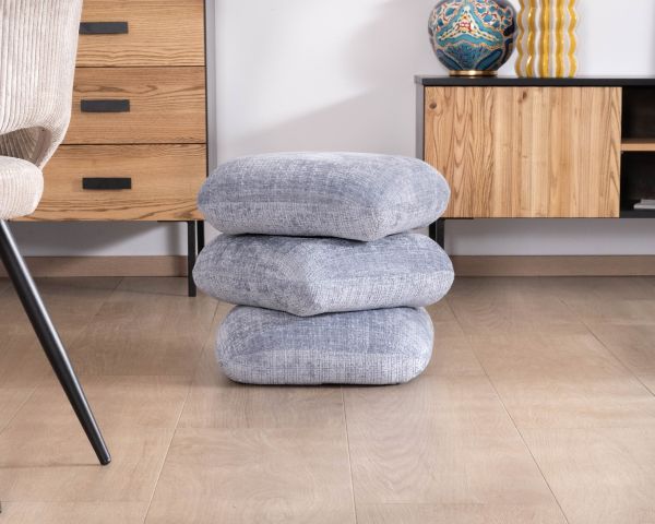 Pouf girevole in stile scandinavo in tessuto intrecciato blu ghiaccio con riflessi luminosi, Flow