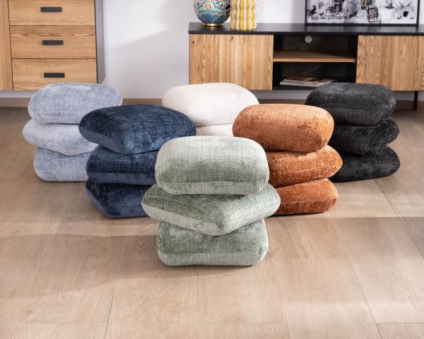 Pouf girevole in stile scandinavo in tessuto intrecciato blu ghiaccio con riflessi luminosi, Flow