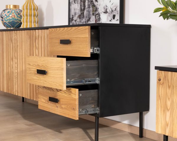 Credenza in stile newtro "Sydney" in frassino massiccio con contenitori e cassetti