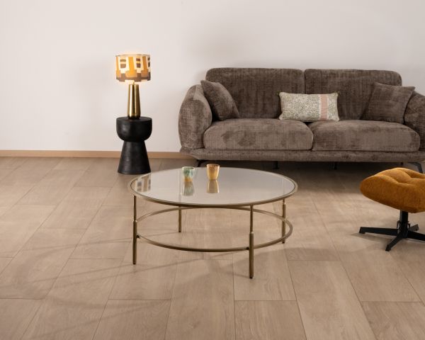 Tavolino rotondo da 90 cm in ottone dorato con piano in vetro "Gilt Antique" in stile contemporary chic