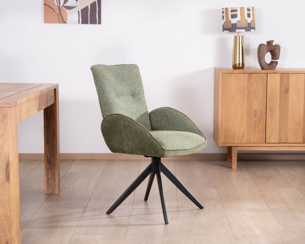 Set di 2 sedie "Eddy" in tessuto morbido verde con braccioli e base girevole in metallo