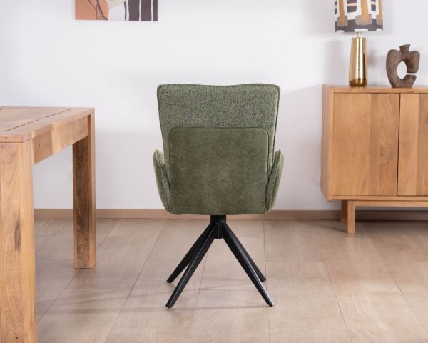 Set di 2 sedie "Eddy" in tessuto morbido verde con braccioli e base girevole in metallo