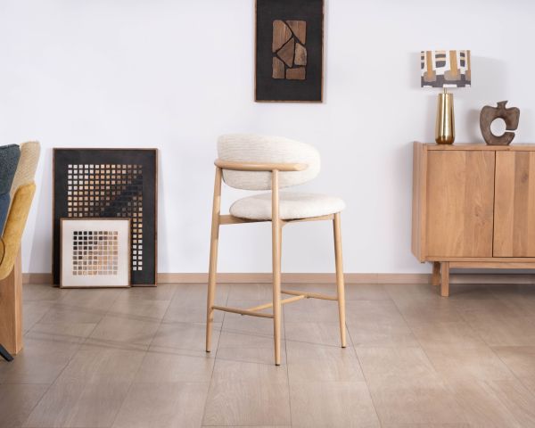 Set di 2 sedie a media altezza in stile scandinavo, in tessuto "Arpège" bianco sporco e gambe in metallo effetto legno chiaro