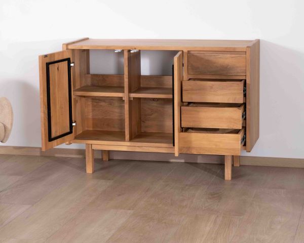 Mobiletto da 120 cm "Kahiko" con ante e cassetti in legno di mango tinto rovere chiaro