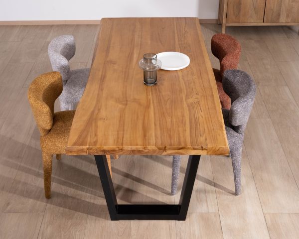Tavolo da pranzo in teak massiccio di recupero "Lasia", design contemporaneo grezzo e gambe in metallo nero