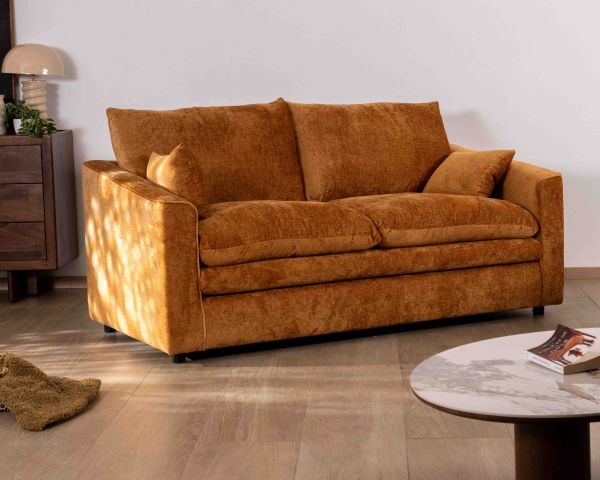 Accogliente divano contemporaneo a 2 posti "Odéa" in tessuto giallo senape