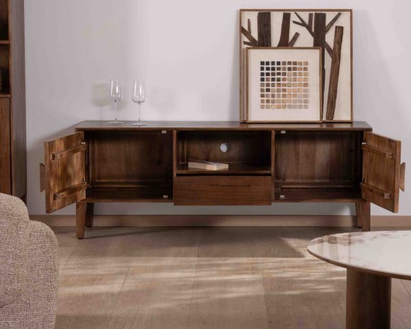 Mobile TV neo-retrò "Kaldo" in legno massiccio di mango scuro, 150 cm