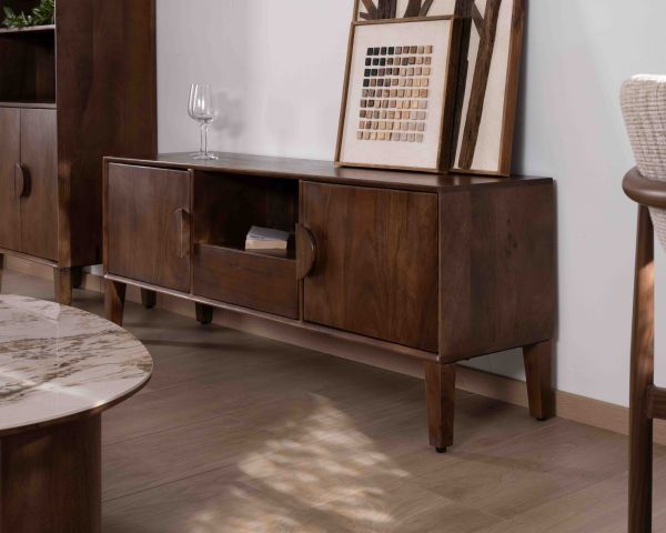 Mobile TV neo-retrò "Kaldo" in legno massiccio di mango scuro, 150 cm