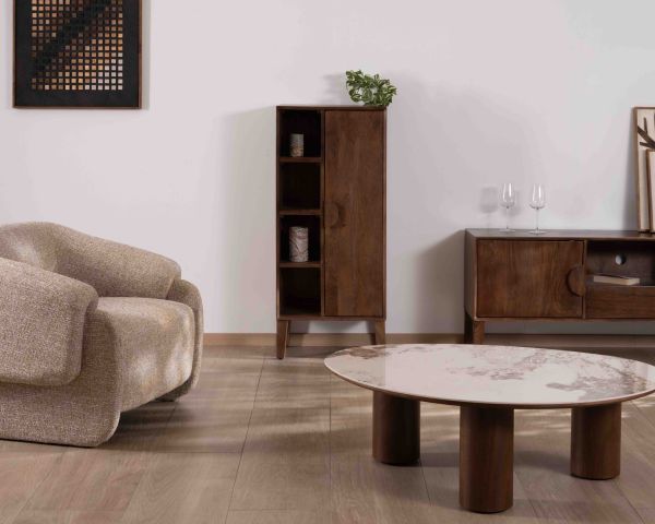 Mobile contenitore basso "Kaldo" in legno massiccio di mango scuro, stile scandinavo retrò