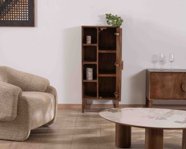 Mobile contenitore basso "Kaldo" in legno massiccio di mango scuro, stile scandinavo retrò