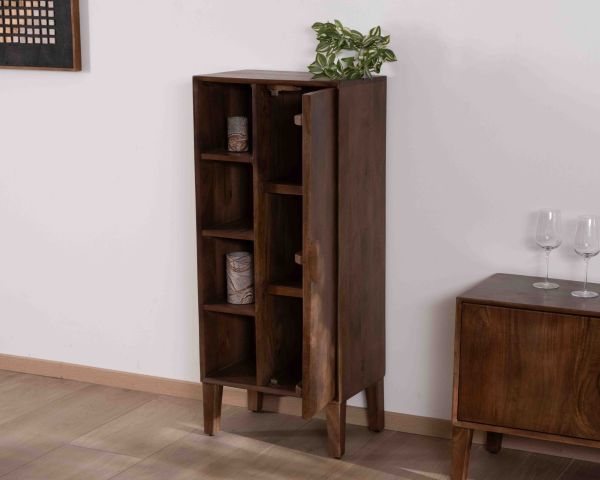 Mobile contenitore basso "Kaldo" in legno massiccio di mango scuro, stile scandinavo retrò