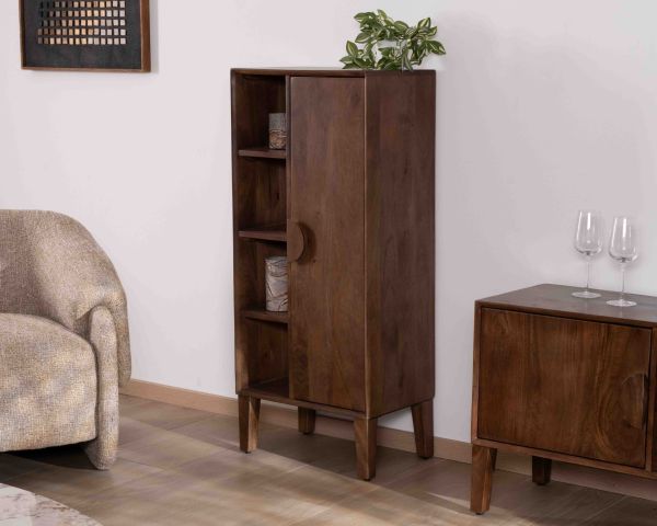 Mobile contenitore basso "Kaldo" in legno massiccio di mango scuro, stile scandinavo retrò