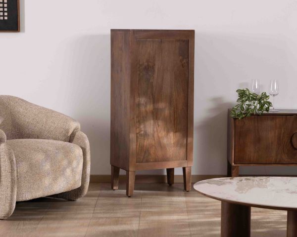 Mobile contenitore basso "Kaldo" in legno massiccio di mango scuro, stile scandinavo retrò