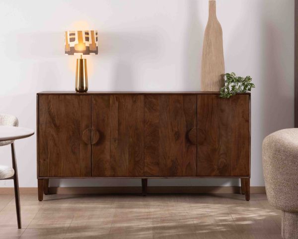 Credenza retrò a 4 ante in legno massiccio di mango scuro 180 cm "Kaldo" stile metà secolo