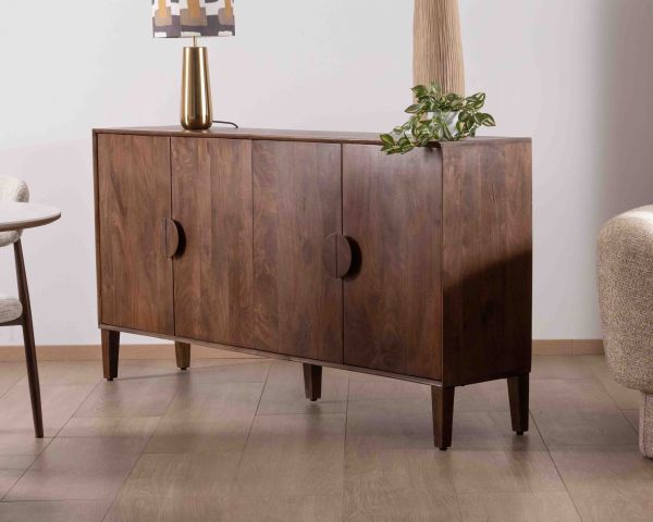 Credenza retrò a 4 ante in legno massiccio di mango scuro 180 cm "Kaldo" stile metà secolo