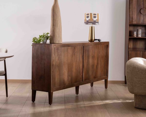 Credenza retrò a 4 ante in legno massiccio di mango scuro 180 cm "Kaldo" stile metà secolo
