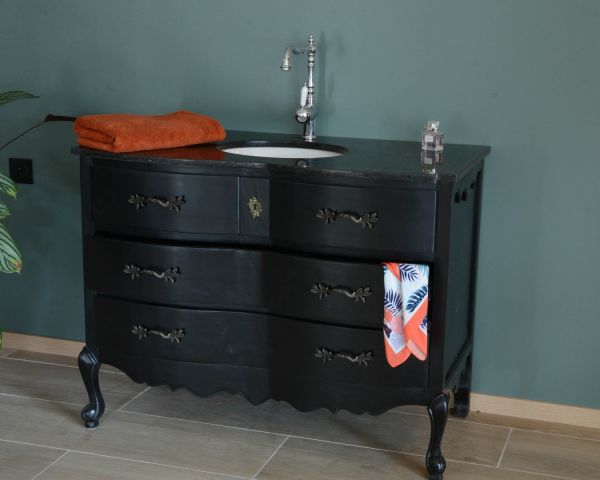 Mobile da bagno in legno di mango nero e pietra con cassetti e cassettiera in stile retrò 