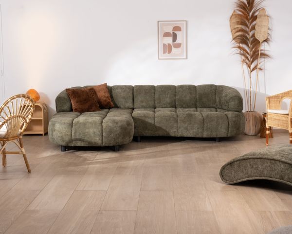 Divano in tessuto verde "Syltan" con estensione elettrica e ritorno a sinistra meridian