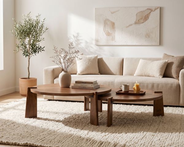Coppia di tavolini rotondi "Loopie" in legno di mango scuro