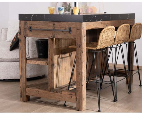  Blocco cucina "Grana" in teak di recupero con piano in marmo nero