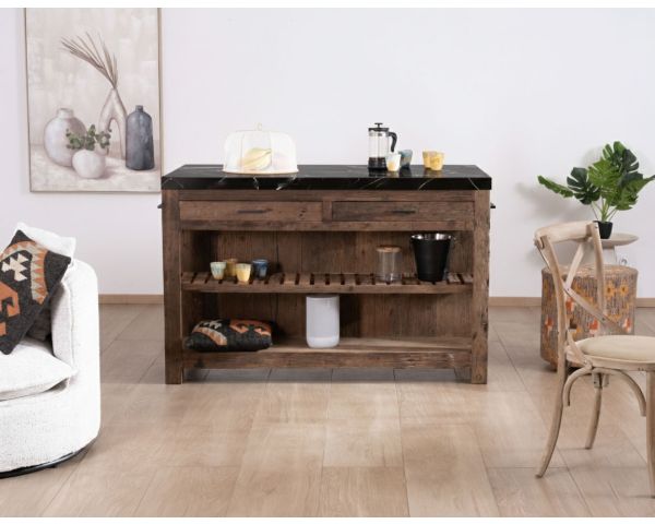  Blocco cucina "Grana" in teak di recupero con piano in marmo nero