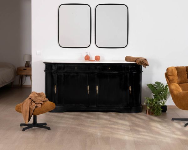 Mobile lavabo doppio "Églantine" con angoli arrotondati in legno nero e quarzo bianco