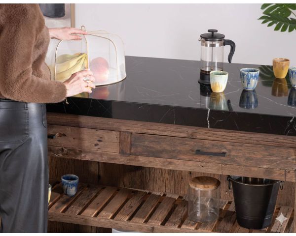  Blocco cucina "Grana" in teak di recupero con piano in marmo nero