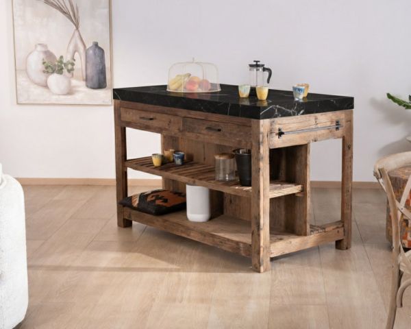  Blocco cucina "Grana" in teak di recupero con piano in marmo nero