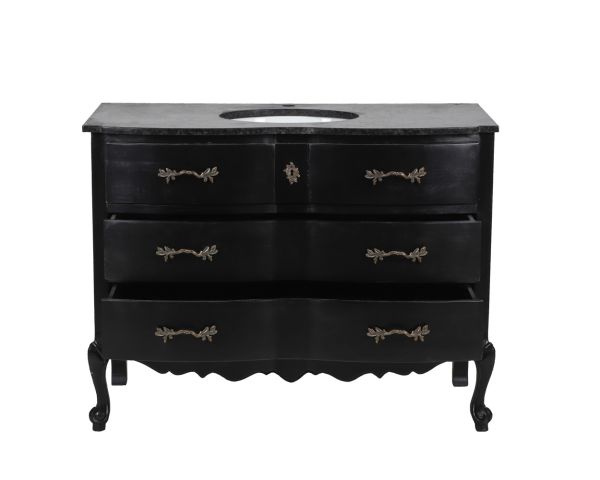 Mobile da bagno in legno di mango nero e pietra con cassetti e cassettiera in stile retrò 