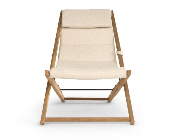 Poltrona perla regolabile in tessuto bouclé écru "Alizé" in teak massiccio