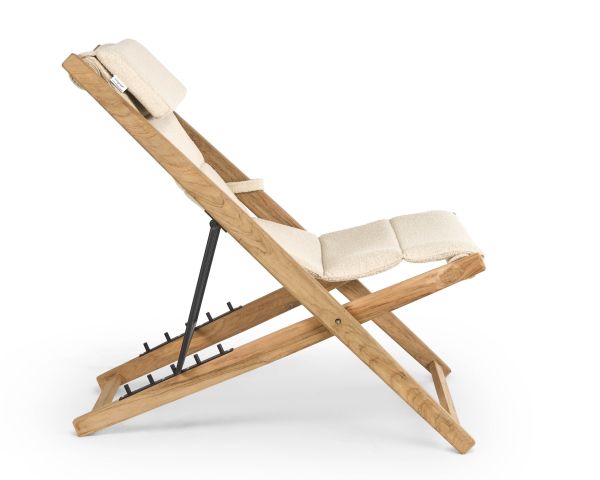 Poltrona perla regolabile in tessuto bouclé écru "Alizé" in teak massiccio