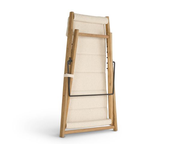 Poltrona perla regolabile in tessuto bouclé écru "Alizé" in teak massiccio