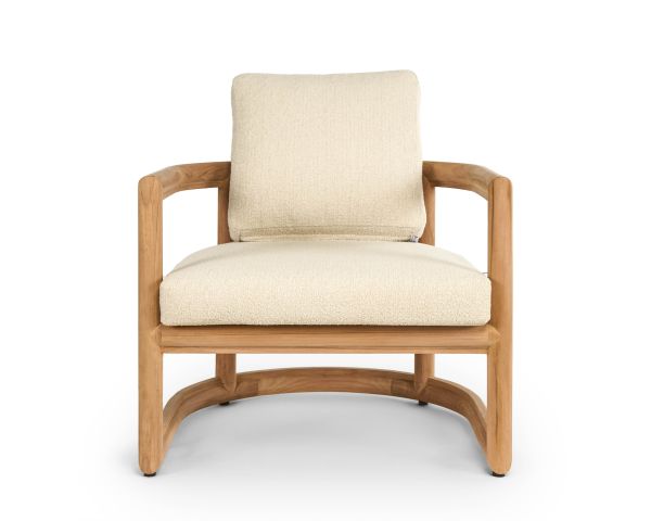 Poltrona da giardino avvolgente "Alizé" in teak massiccio con cuscini in bouclé color écru