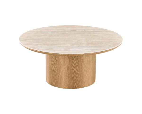 Table basse ronde plateau céramique effet travertin et pied central aspect chêne "Oria" 