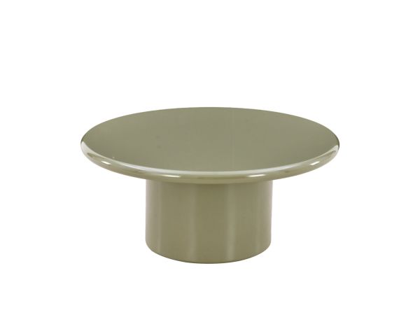 Tavolino rotondo da 80 cm dal design minimalista, laccato verde salvia, modello "Nalya" con base centrale