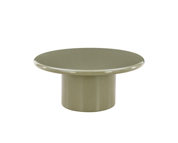 Tavolino rotondo da 80 cm dal design minimalista, laccato verde salvia, modello "Nalya" con base centrale