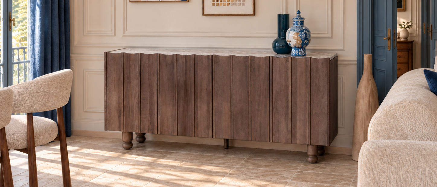 Credenza in legno con frontale scanalato in un soggiorno luminoso